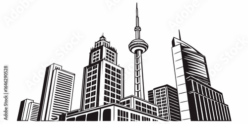 Monochrome skyline illustration featuring various skyscrapers and a tall communication tower structure created with generated ai