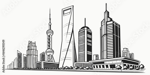 Illustration of a cityscape with various skyscrapers and a distinctive tower structure in black and white style created with generated ai