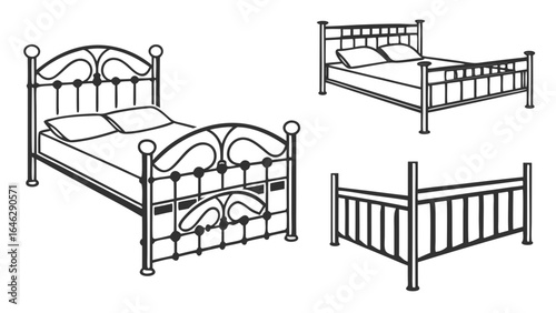 Three black and white line drawings of beds, including a wrought iron style bed and a simple frame bed created with generated ai