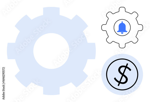 Large gear with smaller icons of a dollar sign and notification bell on gears, symbolizing automation, finance, alerts, connectivity, productivity, system optimization, business. Ideal for process