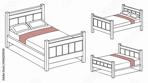 Illustration showing three beds with white sheets and pink runners in a simple line drawing style created with generated ai
