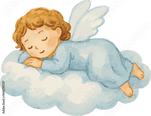 Vector adorable watercolor illustration of an angel sleeping calmy on a cloud