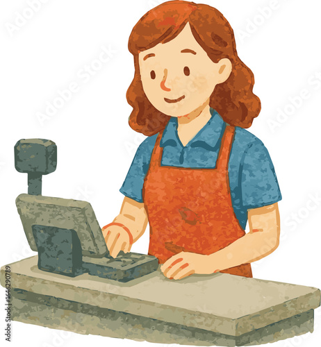 Vector adorable watercolor illustration of a cashier woman