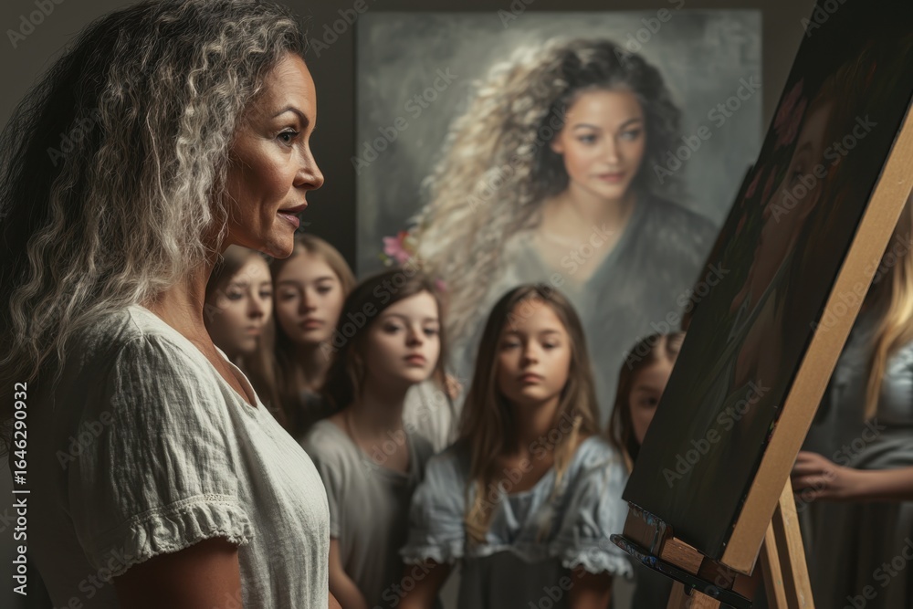Fototapeta premium Woman painting portrait of a young girl with an audience in an art studio