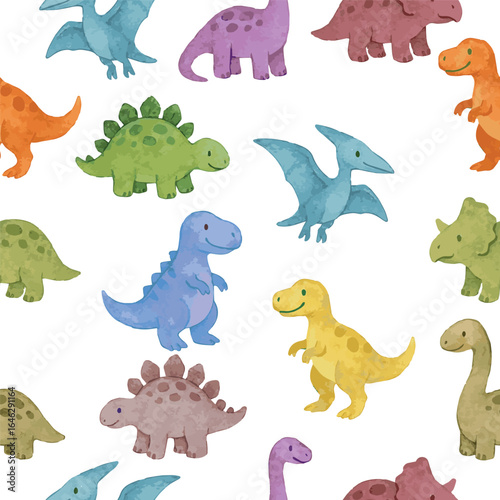 vector seamless pattern with cute childish watercolor illustrated colorful dinosaurs