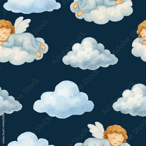 vector seamless pattern with cute childish watercolor illustrated angels sleeping on clouds