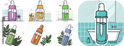 Colorful dropper bottles with herbal extracts in flat vector illustration  