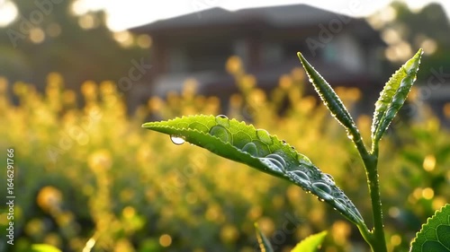Dew-kissed tea leaf, sunlit morning