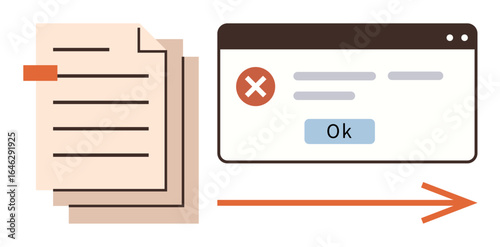 Stack of documents beside error message window with red cross, Ok button, and arrow symbolizing process or interaction. Ideal for reporting, workflow, data validation, error handling, communication