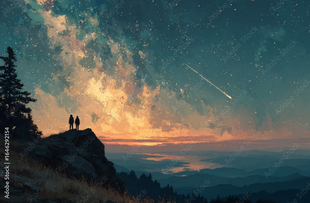 Fototapeta premium A silhouette of two people holding hands on top of a hill, with an array of stars and galaxies in the sky above them. 