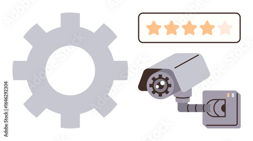 Gear, CCTV camera, and star rating suggest system operation, monitoring, evaluation, improvement. Ideal for security, technology, feedback service rating automation analytics system audits