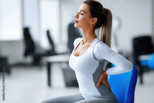 Woman stretching and relieving back pain in a modern office environment