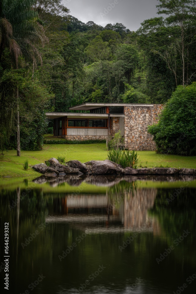 Fototapeta premium Stunning modern house beside tranquil lake surrounded by lush greenery in a serene natural setting during overcast weather
