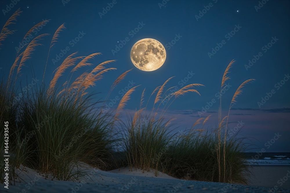 Fototapeta premium Silhouetted Beach Grass Under a Full Moon Night Sky