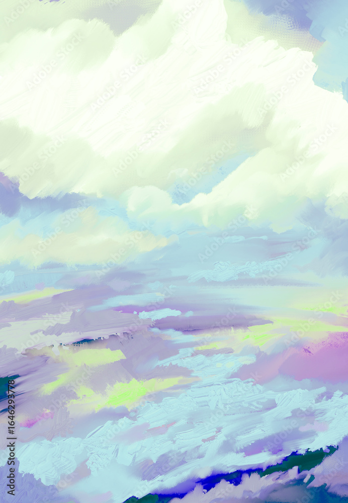 Fototapeta premium Impressionistic Light Pastel Colored Landscape of Fluffy Clouds in Sky Over Stream or River in Meadow or Pasture-digital painting, art, illustration