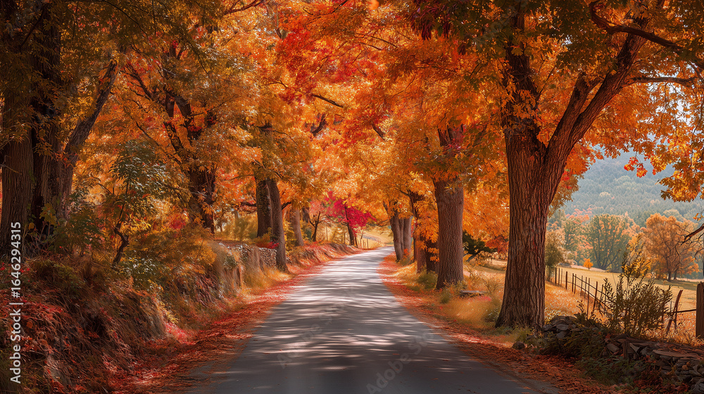 Naklejka premium Golden and Red Trees Along Road