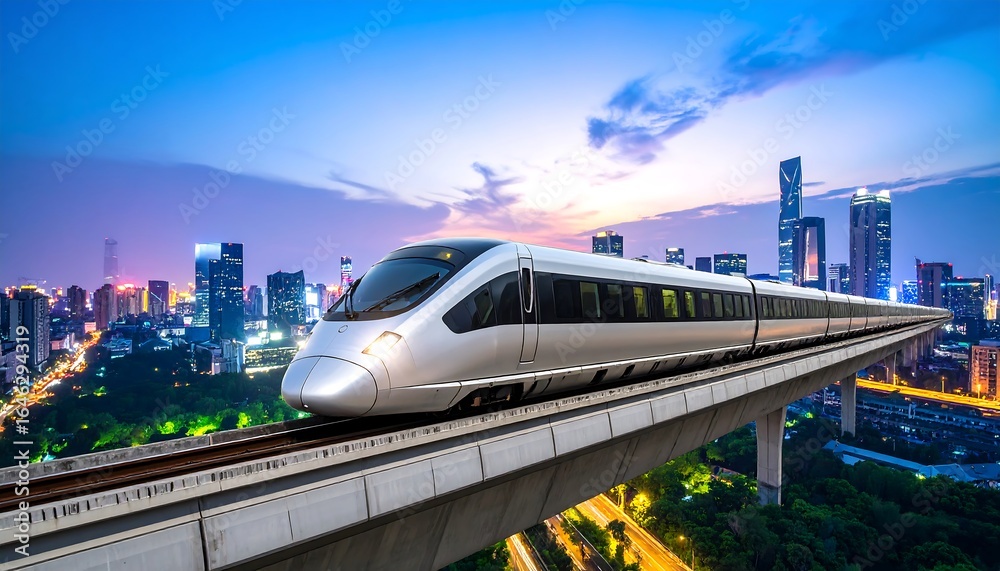 Naklejka premium Modern high-speed train over cityscape at dusk