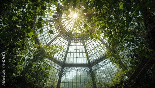 A large glass dome with exquisite metal details, under which dense green plants grow. The sun's rays penetrate through the transparent glass, creating a warm and cozy atmosphere of a botanical garden.