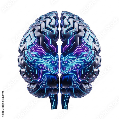Human cerebrum with futuristic circuit patterns glowing in blue and violet hues on white plain background