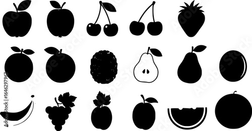 A vibrant vector set of assorted fruit and berry icons including apple, cherry, lemon, strawberry, pineapple, orange, pear, banana, grape, plum, and watermelon silhouettes