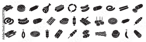 Set of Black silhouettes of various meats and sausages isolated on white background. concept of food icons, butcher shop, delicatessen items, cooking ingredients, design elements