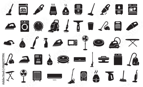 Set of black silhouette household appliance icons isolated on white background. home cleaning devices, kitchen electronics, laundry equipment, air treatment, ironing tools, smart home gadgets