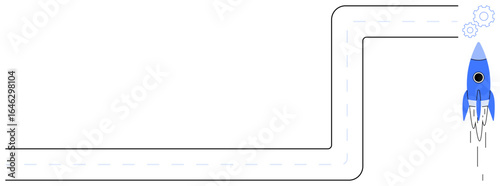 Blue rocket launching on a sharp, curving road with gear icons. Ideal for innovation, startup concepts, goal setting, problem-solving, creativity, future planning and entrepreneurship. A simple flat