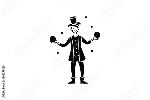 Black and white illustration of a juggler wearing a top hat and juggling balls silhouette