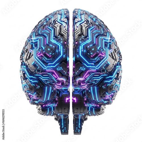 Futuristic brain representation with glowing circuits and intricate technological patterns shown in detail