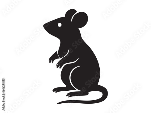 Black silhouette of mouse standing on hind legs, isolated on white background. concept of small rodent, icon, logo, cute animal, wildlife, design element