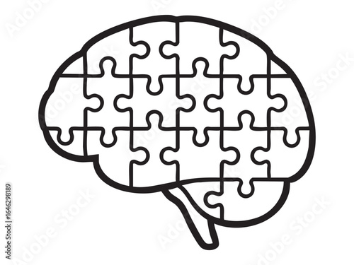 Black outline of brain shaped puzzle piece design isolated on white background. concept of mental health, intelligence, mind games, cognitive skills, education, problem solving