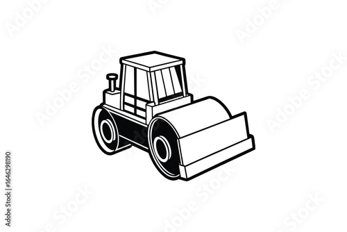 Black and white line art illustration of a road roller construction vehicle on white background silhouette