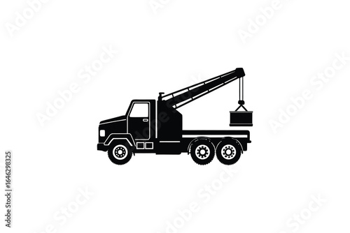 Tow truck lifting a load with its crane on a flatbed trailer vehicle illustration silhouette