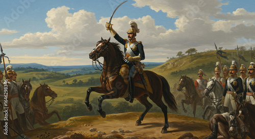 Pintura a óleo estilo clássico retratando o Grito do Ipiranga com riqueza de detalhes, cores vibrantes e atmosfera heróica