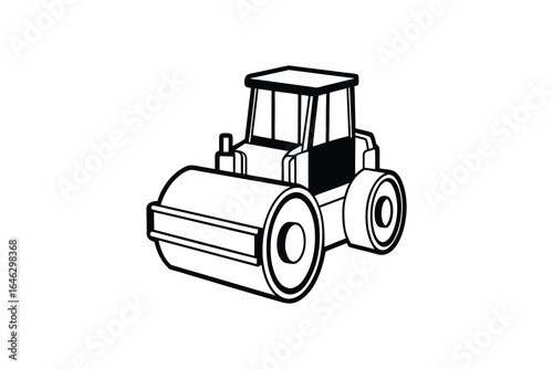 Black and white illustration of a road roller vehicle used for construction and roadwork purposes silhouette