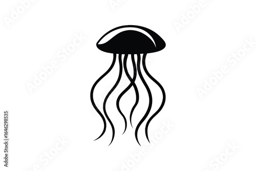 Simple black silhouette illustration of two jellyfish with tentacles on a white background