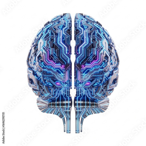 Futuristic representation of human mind with intricate circuitry and neon lights on white background view