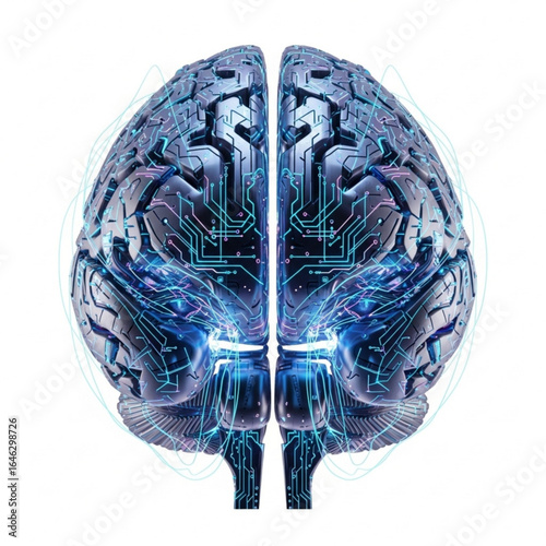 Metallic cerebrum with circuit board pattern and glowing blue connections on plain white background view