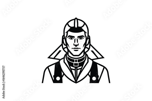 Black and white illustration of a medieval knight in armor with a helmet and protective gear silhouette