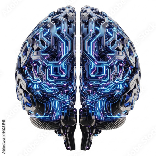 Human cerebrum representation with circuit board pattern and neon light effects on white background image