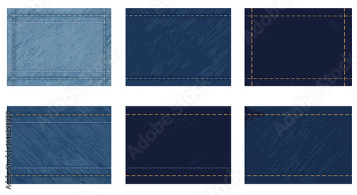 Collection of six rectangular denim texture swatches on transparent background