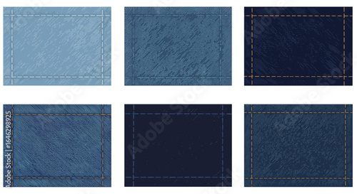 Six denim fabric samples in various shades of blue on transparent background