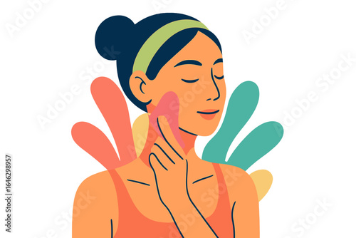 Young woman applying skincare treatment and feeling relaxed woman doing gua sha massage