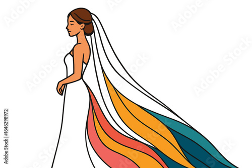 Bride wearing a colorful wedding dress with flowing veil bride with long train