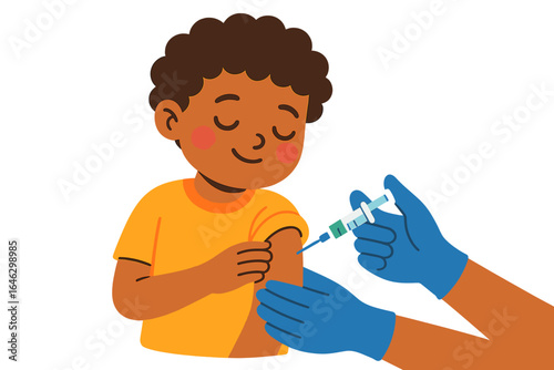Young boy receiving vaccination from health professional in blue gloves child getting vaccine
