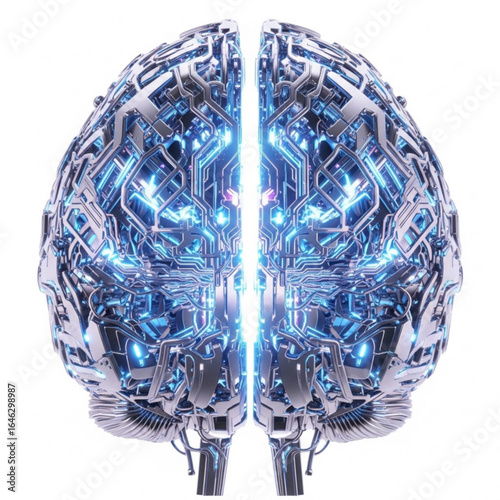 Metallic cerebral structure with complex circuitry and luminous core representing intelligence