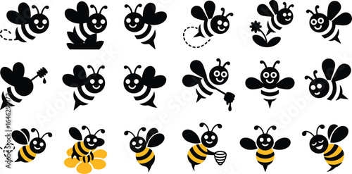 Cartoon Bee Icons Set – Cute Bees Flying, Smiling, and Pollinating Vector
