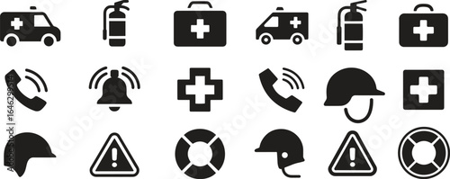 Emergency and Rescue Icons Set – Ambulance, Fire Extinguisher, Life Ring, and Helmets Vector