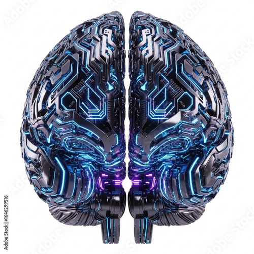 Futuristic metallic cerebrum with glowing circuit patterns isolated on pure white background studio shot view