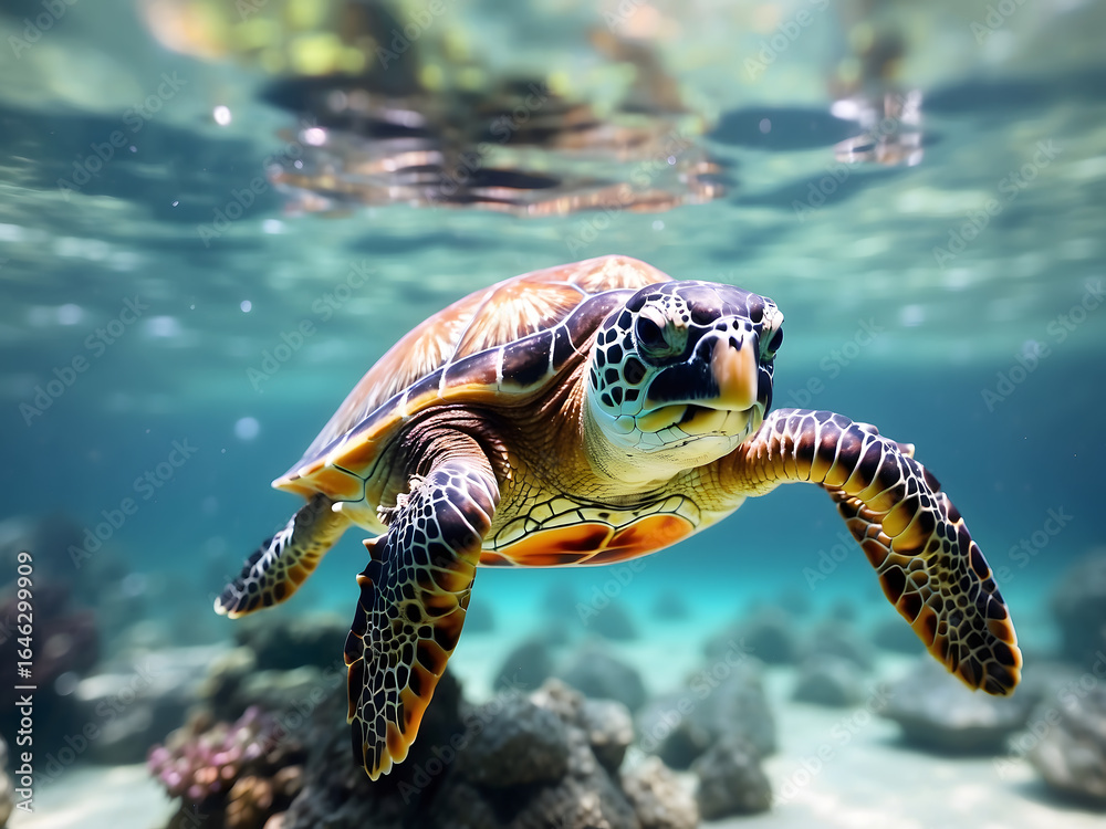 Fototapeta premium Sea turtle swimming underwater in tropical ocean